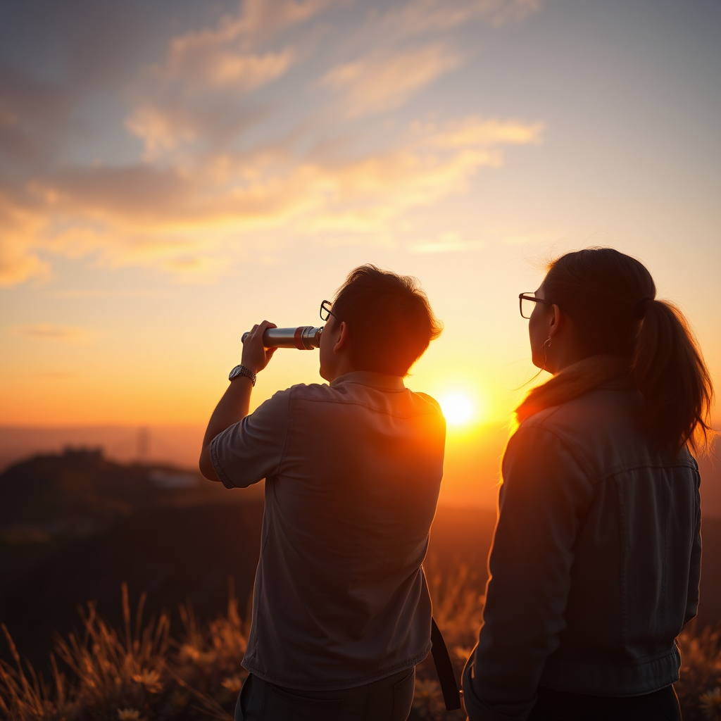 Create a photorealistic image depicting two individuals gazing at a distant horizon. The co-founder is using a telescope to focus on a specific point in the future, while the partner is looking at a nearby landmark. The scene should be set on a hilltop at sunset. Use warm, golden lighting to create a sense of optimism and hope. Render in 8K.