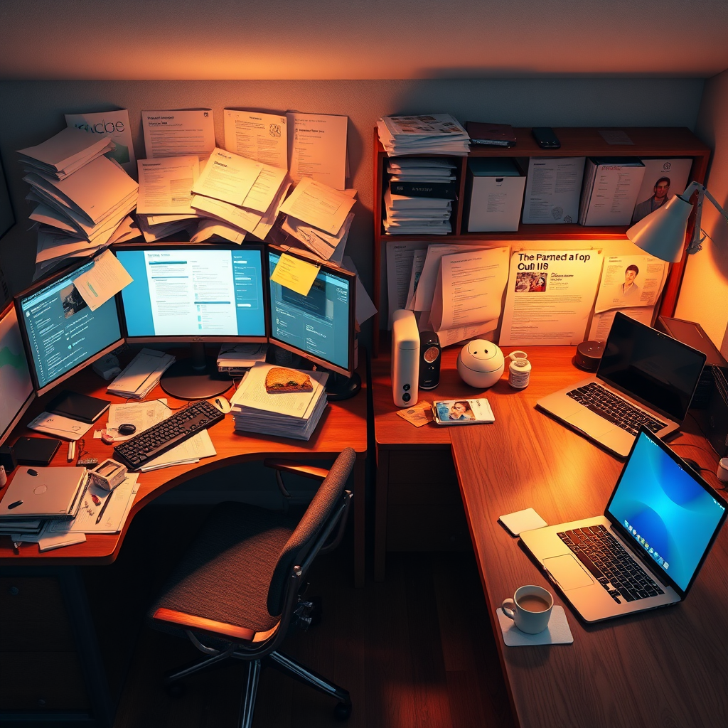 Create a photorealistic image illustrating two desks side by side. One desk is cluttered with multiple screens, overflowing documents, and a half-eaten sandwich, symbolizing the co-founder's intense involvement. The other desk is neat and organized, with a single laptop and a cup of coffee, representing the partner's more focused contribution. Use warm lighting to create a cozy yet productive atmosphere. Render in 8K.