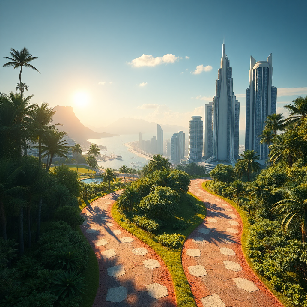 Create a photorealistic image depicting two pathways diverging in a lush forest. One path leads to a luxurious resort with golf courses and yachts (representing the partner's potential exit). The other path leads to a futuristic cityscape with towering skyscrapers (representing the co-founder's long-term vision). The lighting should be dramatic, with sunlight streaming through the trees to highlight the different paths. Use a color palette of greens and browns for the forest, with golds and silvers for the destinations. Capture the scene from a high angle to emphasize the vastness of the possibilities. Render in 8K.