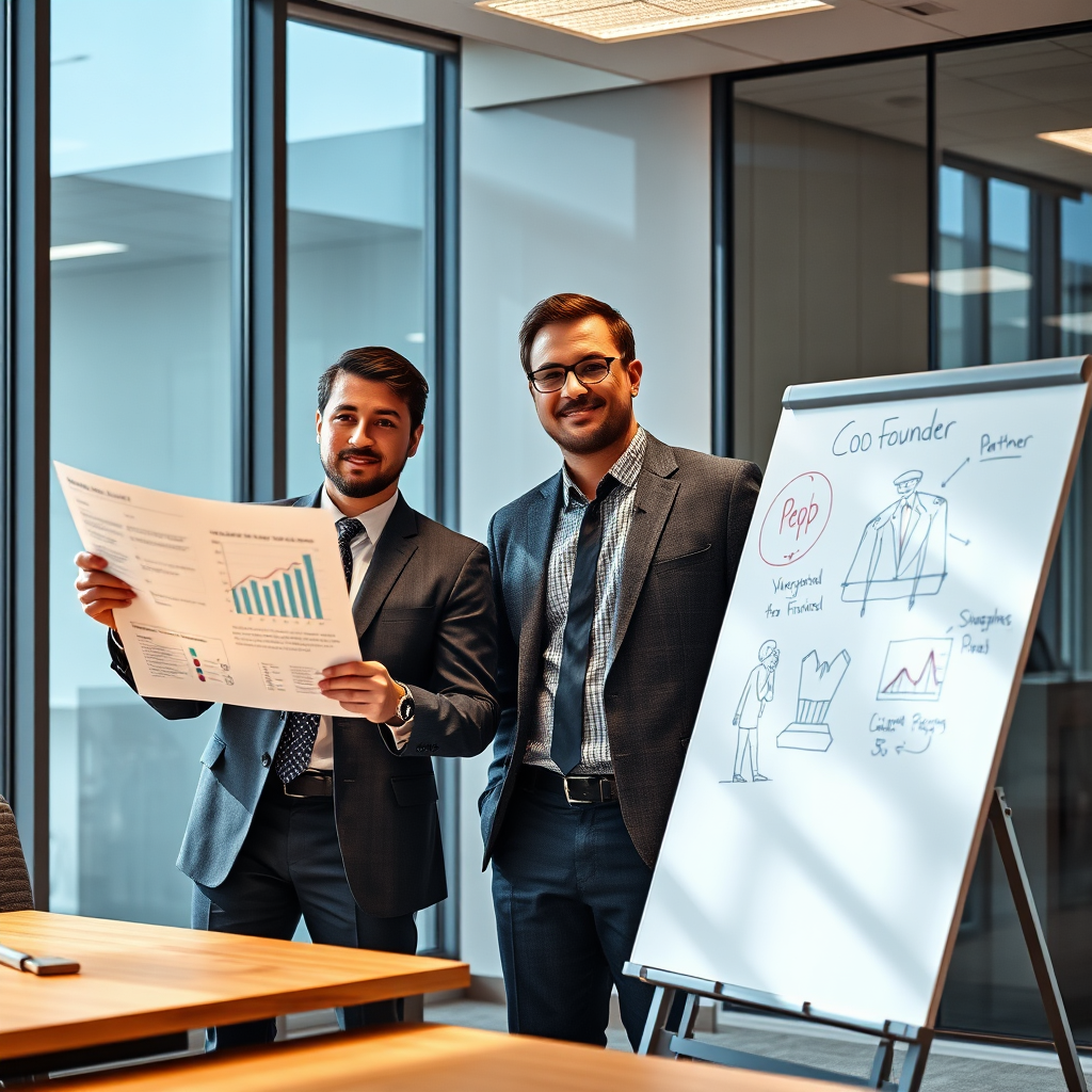 Create a photorealistic image showcasing two individuals in a modern office setting. One person is presenting a detailed financial report (representing the partner), while the other is sketching a visionary concept on a whiteboard (representing the co-founder). The lighting is bright and professional, emphasizing the different focuses of each role. Use a color palette of blues and grays for a corporate feel, with pops of color on the whiteboard to highlight the creative process. The scene should be shot from a medium angle to capture both individuals and their respective tasks. Render in 8K.