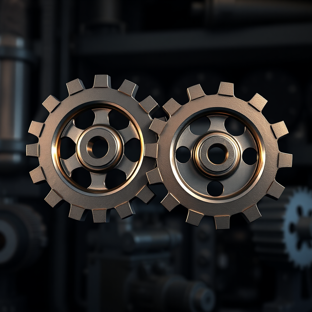 Create a photorealistic image of two gears that are not properly meshed together. The gears should represent the different roles and responsibilities of the co-founder and the partner. The background should be dark and industrial. Use metallic colors to create a sense of weight and importance. Render in 8K.