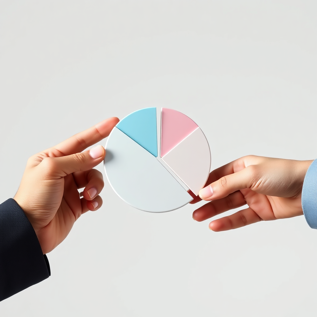Create a photorealistic image of a pie chart being divided unevenly between two hands. One hand is reaching out to take a larger slice, while the other hand is hesitant. The pie chart should represent company equity. Use a neutral background and clear lighting to focus on the hands and the pie chart. Render in 8K.