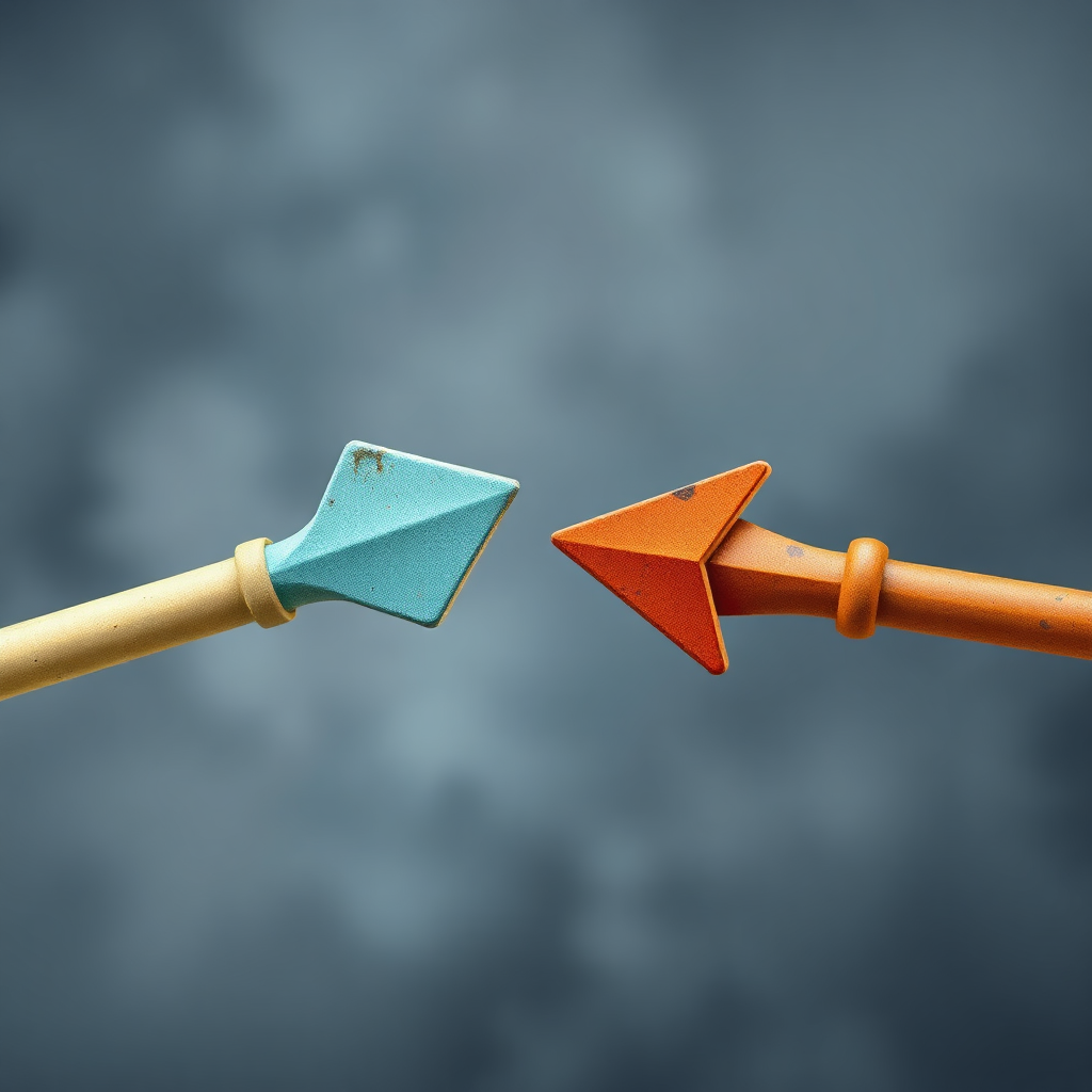 Create a stylized visual of two arrows pointing in slightly different directions. The arrows should be made of different materials, representing the different perspectives of the co-founder and the partner. The background should be blurred to symbolize the uncertainty of the future. Use contrasting colors to highlight the misalignment. Render in a hyperrealistic style.