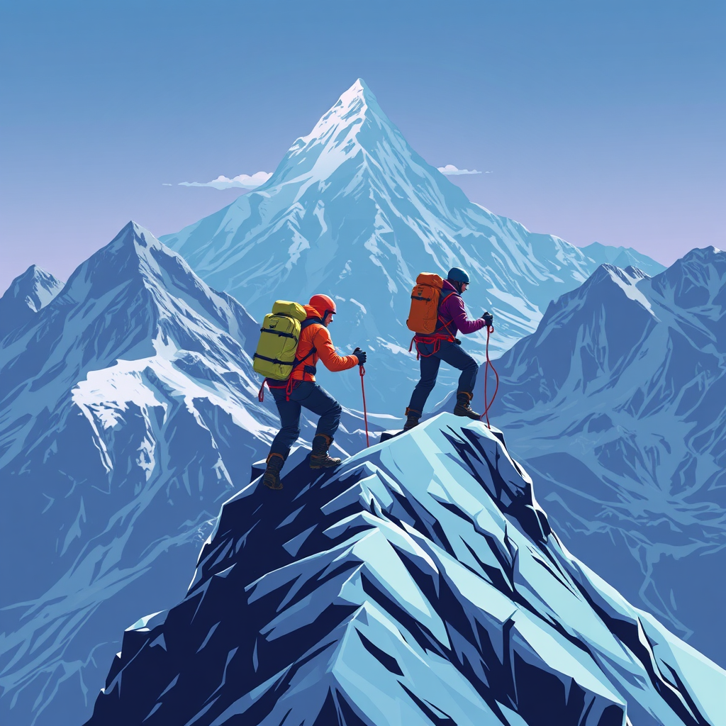 Create a stylized visual showing two climbers ascending a steep mountain. The co-founder is depicted as leading the way with minimal gear, facing the full brunt of the elements. The partner is shown secured with ropes and safety equipment, following closely behind. The background features a dramatic mountain range. Use cool colors like blues and purples to convey the challenging environment. Render in a hyperrealistic style.