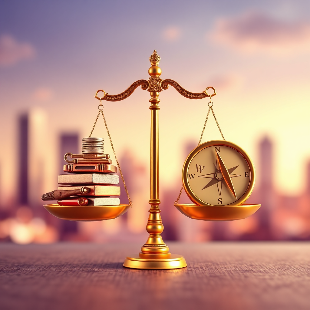 Design a stylized visual that contrasts two scales of justice. On one side, place a stack of specialized tools (representing the partner's focused expertise). On the other side, place a compass and a strategic roadmap (representing the co-founder's overarching vision). The background should be a blurred cityscape. Use a vibrant color palette of oranges, yellows, and purples to create a sense of balance and energy. Render in a hyperrealistic style.