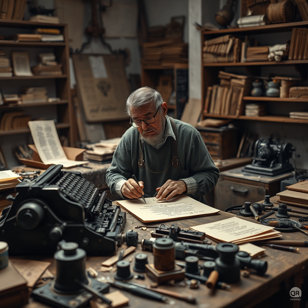 Envision a craftsman's workshop, bathed in soft, diffused light. The focus is on a master artisan meticulously crafting a sentence using vintage typesetting equipment. Each letter is carefully selected and placed, reflecting the precision and dedication involved in professional writing. The workbench is cluttered with tools, inkpots, and scraps of paper, hinting at the creative process. The background should be filled with shelves containing old manuscripts, calligraphy tools, and various objects that represent the history of writing. The color palette should be muted and sophisticated, with grays, browns, and creams dominating the scene. Use a shallow depth of field to keep the artisan and the typesetting equipment in sharp focus, blurring the background slightly. Capture the scene with a virtual 8K resolution camera, using hyperrealistic rendering techniques to emphasize the textures of the metal, wood, and paper. The camera angle should be slightly low, looking up at the artisan to emphasize their skill and expertise. The style should emulate the realism of Dutch Masters paintings.
