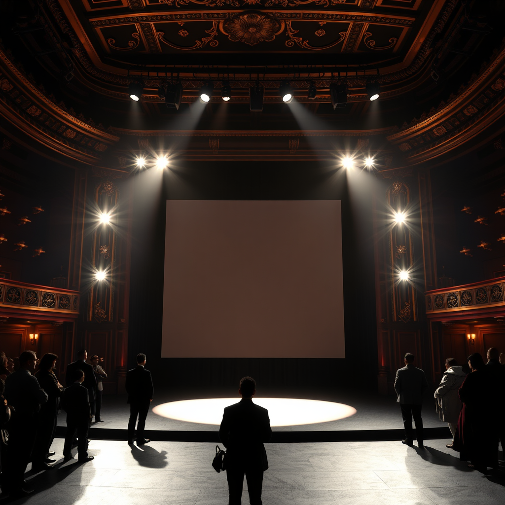 Envision a grand stage bathed in spotlights. A single spotlight shines on a blank canvas, representing the potential for a creative masterpiece. In the surrounding darkness, silhouettes of figures representing investors, collaborators, and potential customers are visible, eagerly anticipating the unveiling of the artwork. The background should feature a luxurious theater with ornate decorations, evoking a sense of prestige and importance. The color palette should be dramatic and sophisticated, with blacks, golds, and reds dominating the scene. Capture the scene with a virtual 8K resolution camera, emphasizing the textures of the canvas, the stage, and the theater. The camera angle should be slightly low, looking up at the stage to emphasize its grandeur. Aim for a style reminiscent of theatrical lighting and stage design.