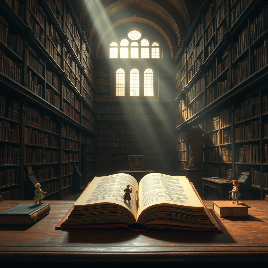 Imagine a grand library, filled with towering shelves of ancient books. Dust motes dance in the beams of sunlight filtering through arched windows, illuminating the scene with a warm, golden glow. Focus on a single, open book resting on a vintage wooden desk. The pages glow faintly, revealing intricate illustrations and flowing text that come to life. Tiny figures emerge from the pages, representing the characters and ideas contained within the story. They interact and move around the desk, creating a miniature world of wonder and imagination. The scene should evoke a sense of history, wisdom, and the power of storytelling. The color palette should be rich and earthy, with browns, golds, and greens dominating the scene. Capture the scene with a virtual 8K resolution camera, using hyperrealistic rendering techniques to emphasize the textures of the books, the wood, and the fabric. The camera angle should be slightly elevated, providing a comprehensive view of the library and the miniature world within the book. Reference baroque paintings for lighting and composition.