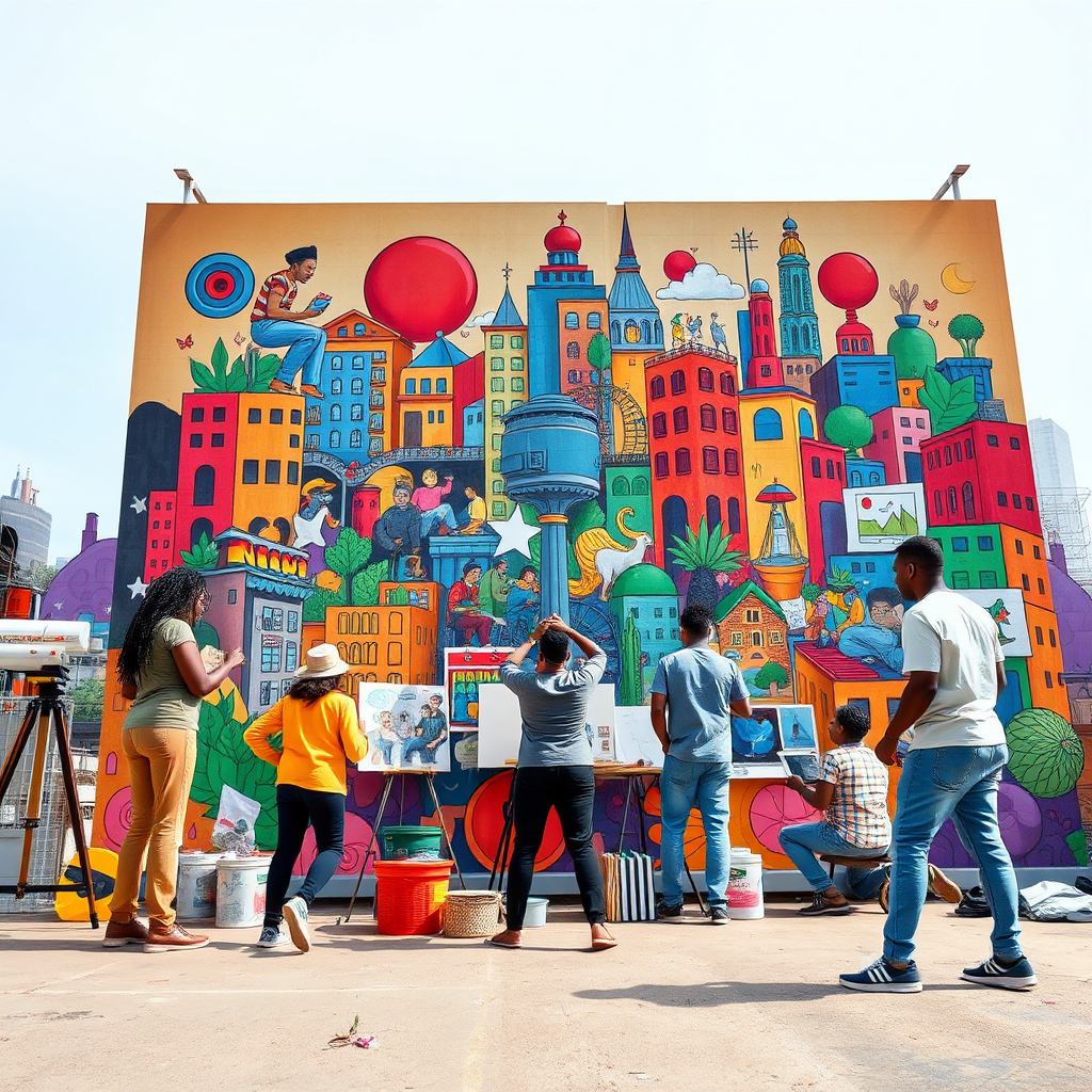 Imagine a group of artists collaborating on a massive mural. Each artist is contributing their unique style and perspective, creating a vibrant and eclectic artwork. The mural depicts scenes of innovation, creativity, and collaboration. The background should feature a diverse urban landscape, representing the different communities that are contributing to the creative ecosystem. The color palette should be bright and cheerful, reflecting the positive energy of the collaboration. Capture the scene with a virtual 8K resolution camera, emphasizing the intricate details of the mural and the artists. The camera angle should be at eye level, capturing the energy and excitement of the collaboration. Aim for a style reminiscent of street art and community murals.