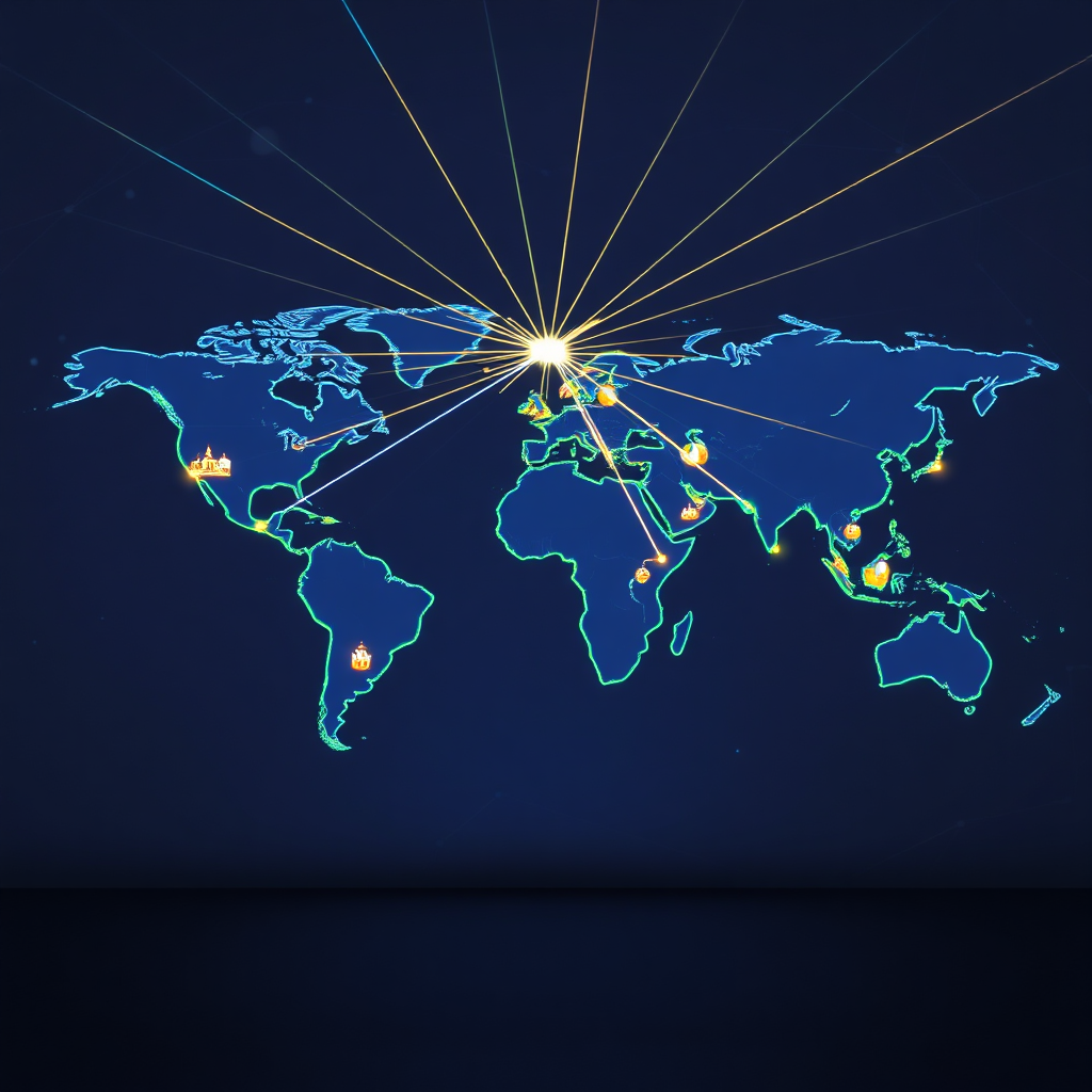 Imagine a world map projected onto a vast digital canvas. Lines of light radiate outwards from a central point, representing the spread of an idea or creative project across the globe. Each line connects to a miniature representation of a different cultural landmark or iconic symbol, showcasing the global reach of the concept. The background should feature a network of interconnected nodes, representing the various channels and platforms used to promote the idea. The color palette should be bold and dynamic, with blues, greens, and oranges dominating the scene. Capture the scene with a virtual 8K resolution camera, emphasizing the intricate details of the map and the connections. The camera angle should be slightly elevated, providing a comprehensive view of the global network. The style should be modern and graphic, emphasizing clarity and impact.