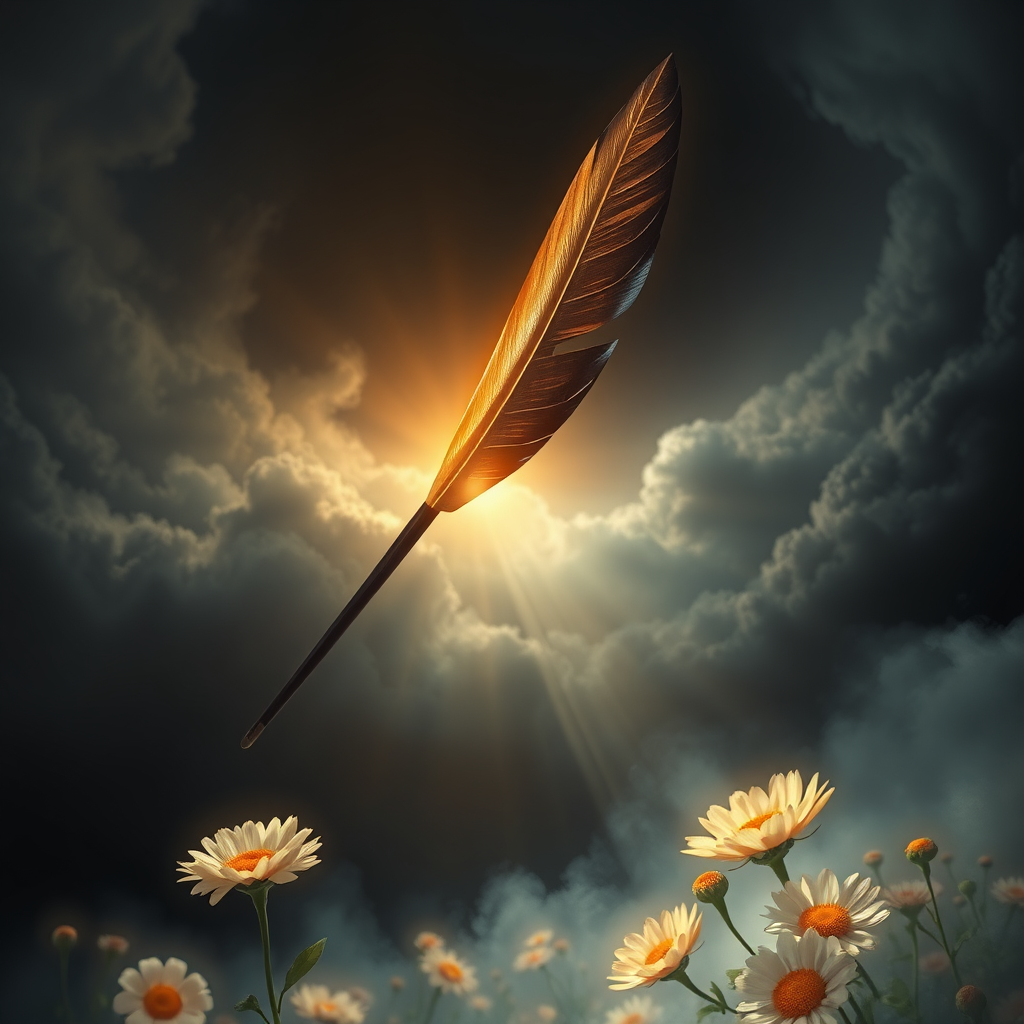Visualize a single, vibrant beam of light emanating from a meticulously crafted writing quill. The quill is made of polished obsidian, reflecting the ambient light with subtle, mesmerizing patterns. The beam of light pierces through a swirling vortex of dark, nebulous clouds, symbolizing the initial challenges and uncertainties faced when bringing an idea to life. As the light penetrates the darkness, it illuminates a landscape of blooming, vibrant flowers, each representing a different aspect of the realized creative vision – knowledge, inspiration, connection. The background should transition from dark and stormy at the top to bright and hopeful near the bottom, indicating the positive impact of sharing creative ideas. Use a soft, ethereal lighting scheme to create a sense of wonder and magic. Capture the scene with a virtual 8K resolution camera, emphasizing the intricate details of the quill and the textures of the flowers and clouds. The camera angle should be slightly tilted upwards, conveying a sense of upward motion and the power of creativity to overcome obstacles. Consider a touch of impressionism in the light rendering.