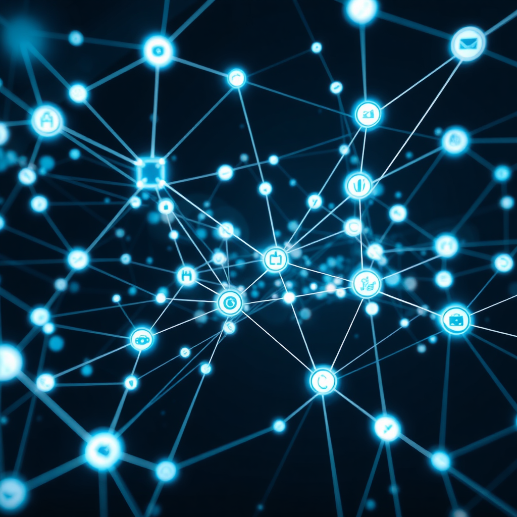 Visualize a vast network of interconnected nodes, each representing a different creative resource or expert. Lines of light connect the nodes, creating a complex and dynamic web. The nodes are labeled with symbols representing different fields, such as art, technology, science, and business. The background should be a dark and futuristic space, emphasizing the interconnectedness of the network. The color palette should be cool and technological, with blues, greens, and whites dominating the scene. Capture the scene with a virtual 8K resolution camera, emphasizing the intricate details of the nodes and the connections. The camera angle should be slightly elevated, providing a comprehensive view of the network. The style should be modern and minimalist, emphasizing clarity and efficiency.