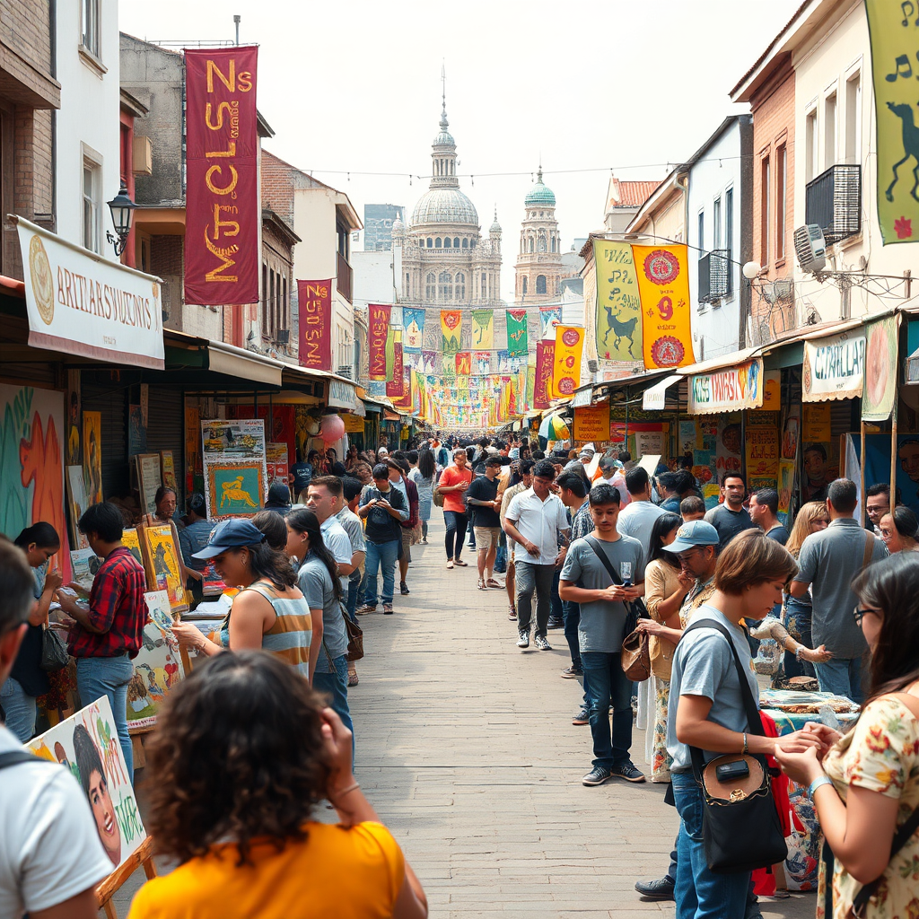 Visualize a vibrant, bustling marketplace filled with artists, innovators, and entrepreneurs. Each person is engaged in a different activity, showcasing their unique talents and ideas. Some are painting murals, others are demonstrating new technologies, and others are selling handcrafted goods. The marketplace is filled with colorful banners, flags, and street performers, creating a lively and energetic atmosphere. The background should feature diverse architecture, representing the different cultures and backgrounds of the participants. The color palette should be rich and diverse, reflecting the vibrant energy of the community. Capture the scene with a virtual 8K resolution camera, emphasizing the intricate details of the people and the environment. The camera angle should be at eye level, capturing the energy and excitement of the marketplace. Aim for a style reminiscent of street photography.