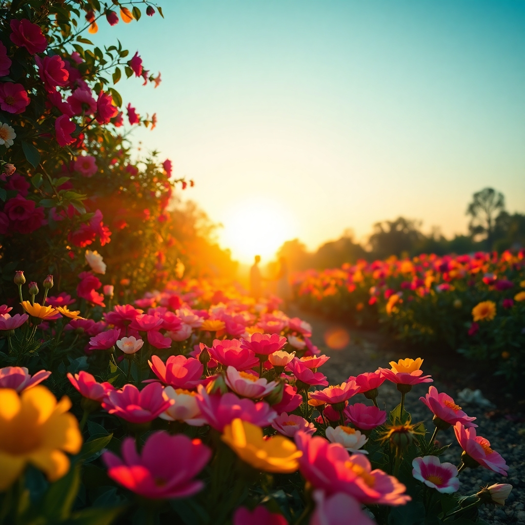 Una hermosa imagen que representa un jardín floreciente con una pareja abrazándose a lo lejos. La iluminación es dorada, como si capturara un atardecer. Los colores vibrantes y diversos simbolizan la diversidad del amor. El ángulo de la cámara está ligeramente elevado, lo que permite una vista panorámica del jardín y de la pareja. Los detalles de textura incluyen los pétalos de las flores y el abrazo de la pareja, representando el crecimiento y la belleza del amor.