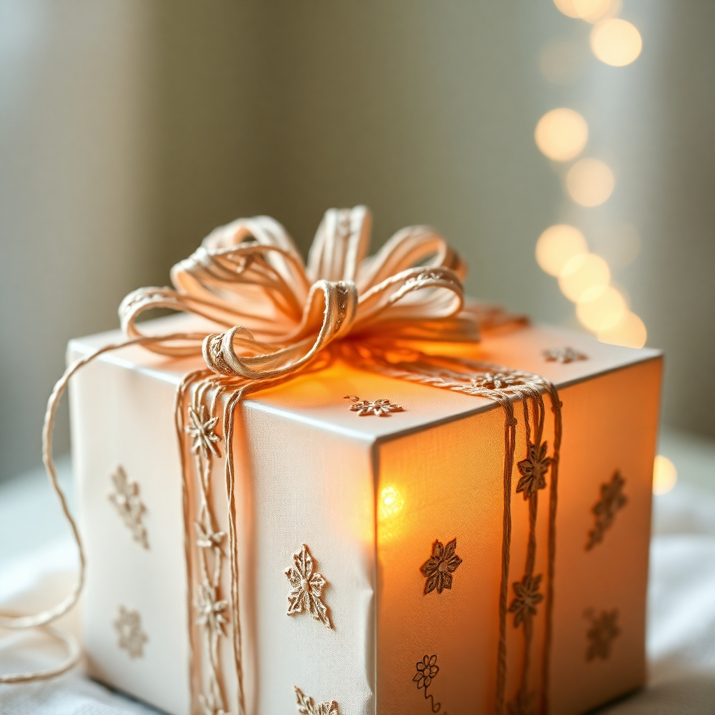 Una caja de regalo bellamente envuelta, adornada con delicados lazos y adornos de hilo tejido. La caja está parcialmente abierta, revelando una luz suave y brillante.