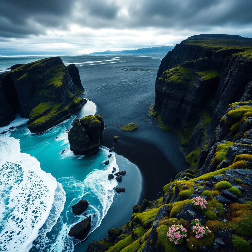 Una impresionante vista aérea del paisaje isleño, que muestra una playa de arena negra que se encuentra con las aguas turquesas del océano Atlántico. La composición debe incluir espectaculares formaciones rocosas, olas rompientes y una mirada a un glaciar lejano. La paleta de colores debe estar dominada por azules fríos, grises y negros, con toques de color del vibrante verde del musgo y las flores silvestres. La iluminación debe ser impactante, con nubes oscuras y rayos de sol que crean una sensación de asombro y maravilla.
