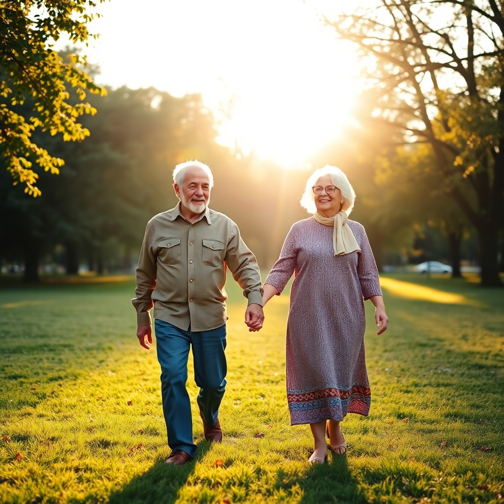 Una imagen cautivadora que representa el amor eterno, con una pareja de ancianos tomados de la mano mientras caminan por un parque soleado. La composición captura la calidez y la alegría de su conexión, irradiando felicidad. La iluminación es dorada, sugiriendo el resplandor del atardecer, mientras que los colores son terrosos y acogedores. El ángulo de la cámara está a la altura de los ojos, resaltando sus expresiones de amor. Los detalles de la textura incluyen la suavidad de la hierba bajo los pies y los delicados patrones de las hojas de los árboles circundantes, que simbolizan la vida y el amor eterno.