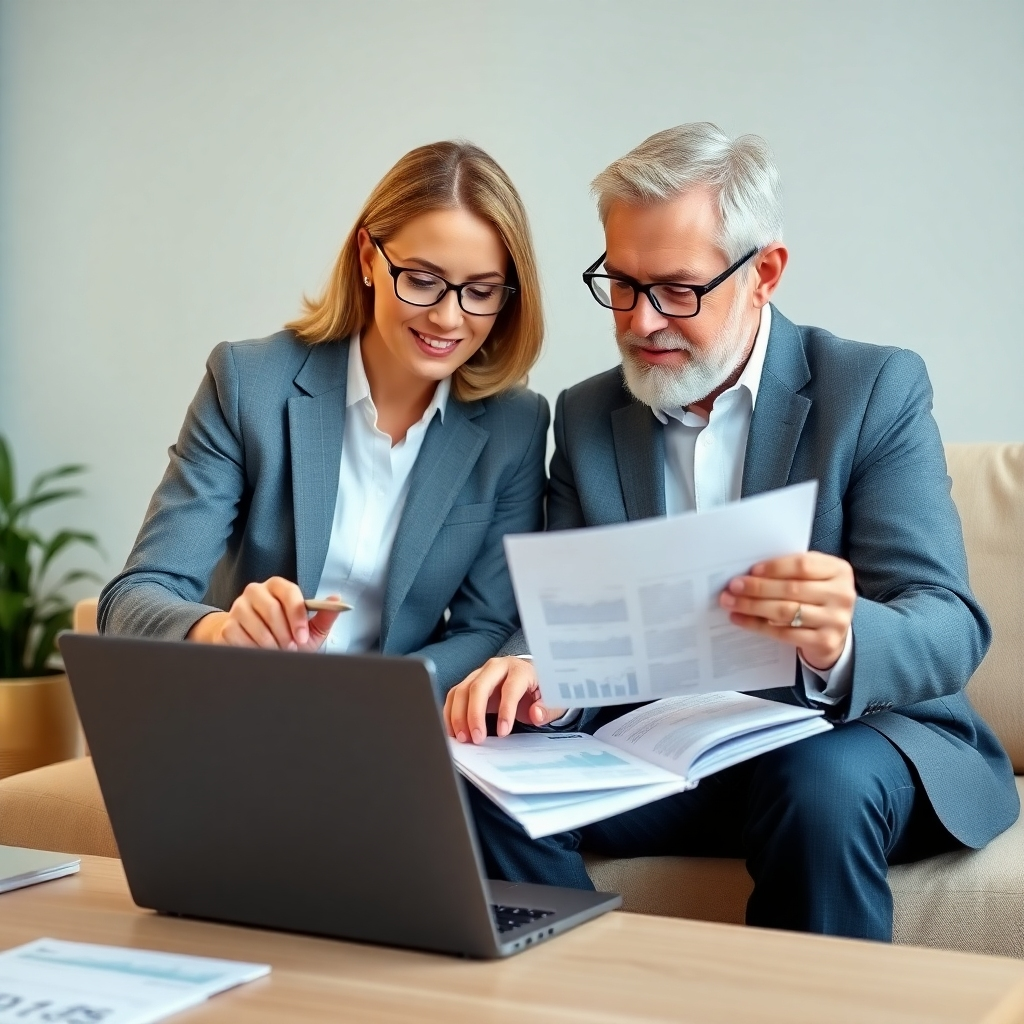 Una imagen nítida que muestra a un asesor financiero trabajando individualmente con un cliente, revisando documentos y datos en una computadora portátil. El fondo debe un ambiente de oficina profesional. Utilice una iluminación cálida para crear una atmósfera acogedora. La paleta de colores debe consistir en azules y beige suaves para mayor comodidad. El ángulo de la cámara está alineado con la interacción, enfatizando la confianza. Los detalles de las texturas deben mostrar informes y gráficos personalizados. Fotorrealista.