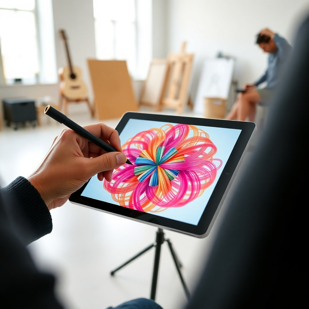 Primer plano de las manos de un artista dibujando un diseño en una tableta digital. La pantalla muestra un patrón vibrante e intrincado de hilos entrelazados. El fondo es un estudio moderno y bien iluminado.