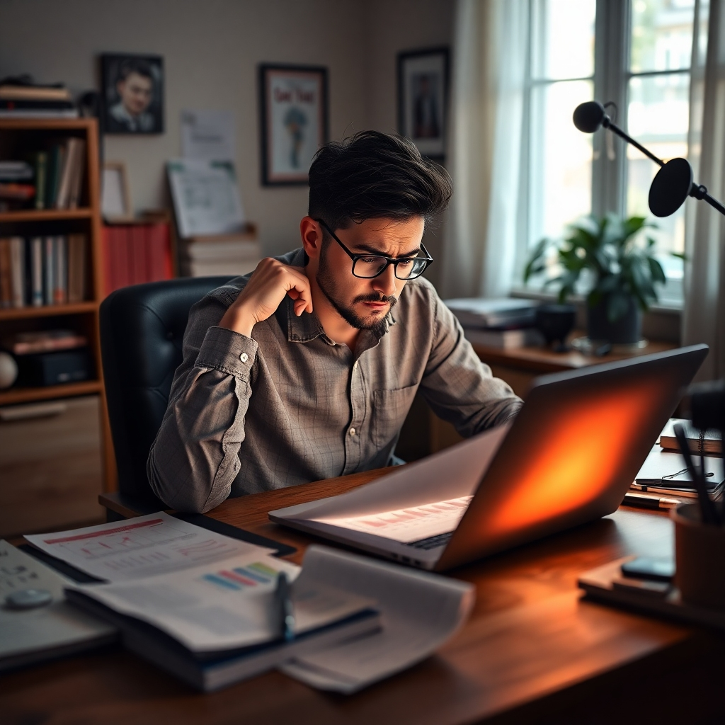 Un concepto visual creativo que muestra a una persona estudiando un informe financiero complejo con visible frustración. La escena se desarrolla en una acogedora oficina, con un escritorio desordenado e informes dispersos que simbolizan confusión. Se utilizan colores apagados para indicar estrés, pero se resaltan elementos como una pantalla de portátil brillante para representar la adquisición de conocimientos. La iluminación es cálida pero ligeramente tenue para evocar un estado de ánimo contemplativo, y el ángulo de la cámara es ligeramente por encima del hombro para generar intimidad. Las referencias estilísticas incluyen realismo para conectar con las experiencias del público. Alta calidad, fotorrealismo.