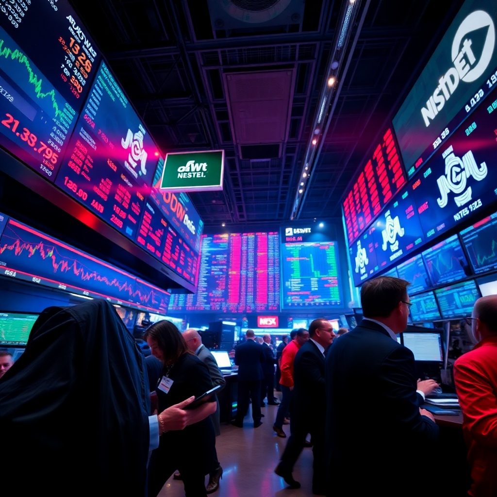 Una escena cautivadora que muestra un parque bursátil dinámico, con operadores reaccionando a los cambios en tiempo real a su alrededor. El ambiente es dinámico, con pantallas vibrantes que muestran la fluctuación de los precios de las acciones. La paleta de colores presenta rojos y verdes dinámicos que representan las subidas y bajadas de las acciones. La iluminación es intensa y dramática. El ángulo de la cámara captura un parque bursátil bullicioso. Las texturas incluyen expresiones humanas de urgencia y tecnología en acción. Las referencias de estilo se inspiran en la fotografía de acción. Alta calidad, fotorrealismo.