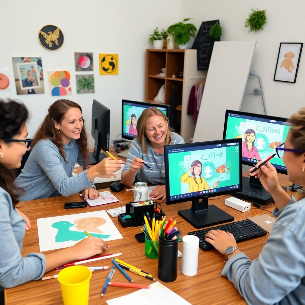 Un grupo de personas participando alegremente en un taller de arte virtual, utilizando diversos materiales de arte e interactuando entre sí en las pantallas de sus computadoras.