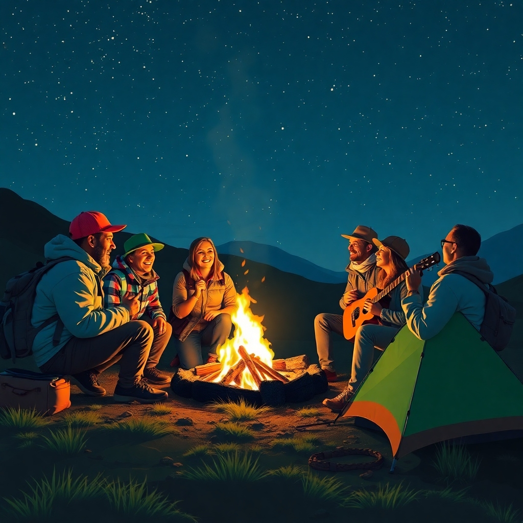 Un grupo de viajeros se reúne alrededor de una fogata, compartiendo historias y experiencias bajo un cielo estrellado. La escena debe capturar la camaradería y la conexión entre los viajeros, con énfasis en la calidez y la comodidad de la fogata. Incluye elementos como tiendas de campaña, mochilas y guitarras para enfatizar aún más la temática del viaje. El ambiente general debe ser alegre e inspirador.