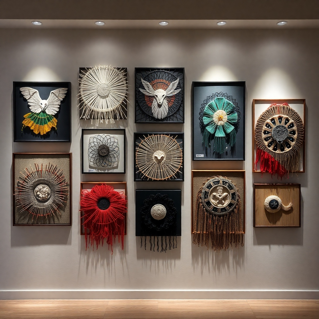 Una imagen de alta calidad que muestra una pared de galería adornada con diversas obras de arte creadas con hilos entrelazados y técnicas mixtas. Cada pieza es única y visualmente impactante, representando diferentes estilos y temas. La iluminación es suave y difusa, resaltando las texturas y colores de las obras. El fondo es un espacio moderno y minimalista. Paleta de colores: variada, que resalta la diversidad de las obras. Estilo: contemporáneo y ecléctico, ideal para una amplia gama de gustos.