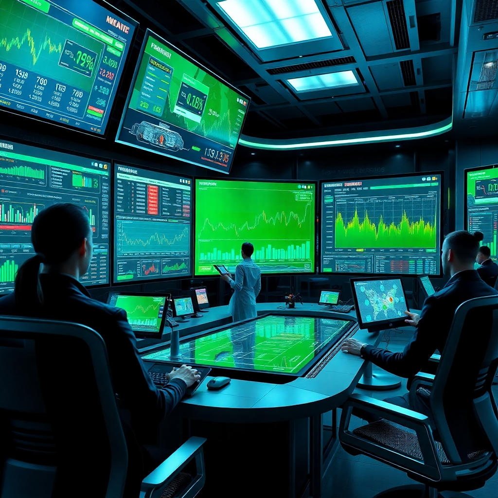 Un espacio de trabajo digital de alta tecnología, con una variedad de pantallas que muestran datos financieros en vivo y herramientas de análisis. El espacio de trabajo es elegante y moderno, con una paleta de colores verde y plateado que evoca una sensación de tecnología y finanzas. La iluminación es brillante y nítida, enfocando las pantallas, mientras una figura central interactúa con los controles táctiles. Las texturas son suaves, enfatizando la tecnología avanzada. Las referencias de estilo son entornos empresariales futuristas. Alta calidad, fotorrealismo.