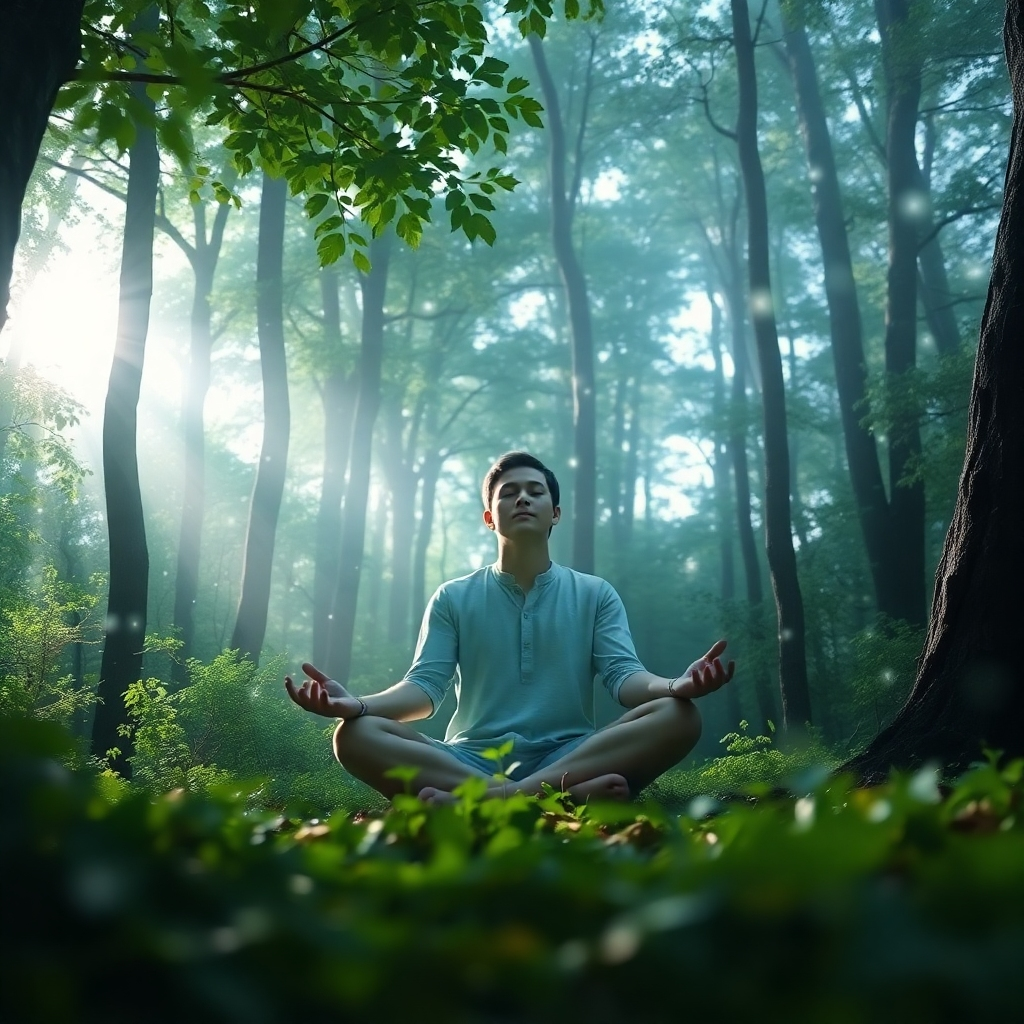 Una imagen mística que muestra a una persona meditando en un bosque sereno, rodeada de una luz tenue y partículas etéreas que flotan en el aire. Los colores, verdes exuberantes y blancos suaves, crean una sensación de paz. El ángulo de la cámara está ligeramente bajo para capturar los árboles circundantes, marcando a la persona. Los detalles de la textura se reflejan en la corteza de los árboles y las finas hojas. Esta imagen refleja el viaje interior para revelar la verdadera esencia de uno mismo.