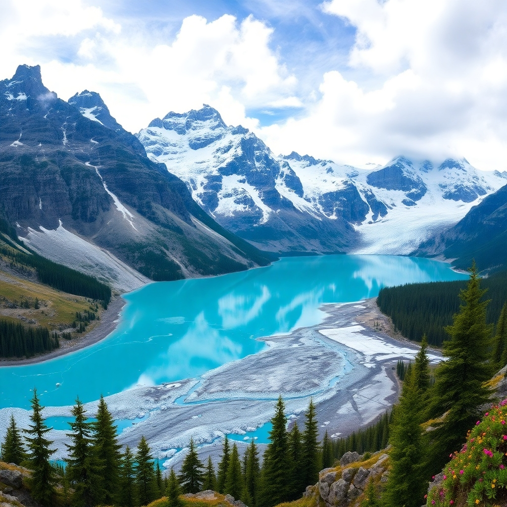 Una vista panorámica del paisaje patagónico, que muestra los imponentes picos de la cordillera de los Andes y las aguas turquesas de un lago glacial. Captura la inmensidad y la magnitud del paisaje con un objetivo gran angular y una composición dinámica. Enfócate en detalles como los bordes irregulares de las montañas, los reflejos en el lago y las texturas del hielo y la nieve. La paleta de colores debe estar dominada por azules, grises y blancos, con toques de color del vibrante verde de los bosques y las flores silvestres.