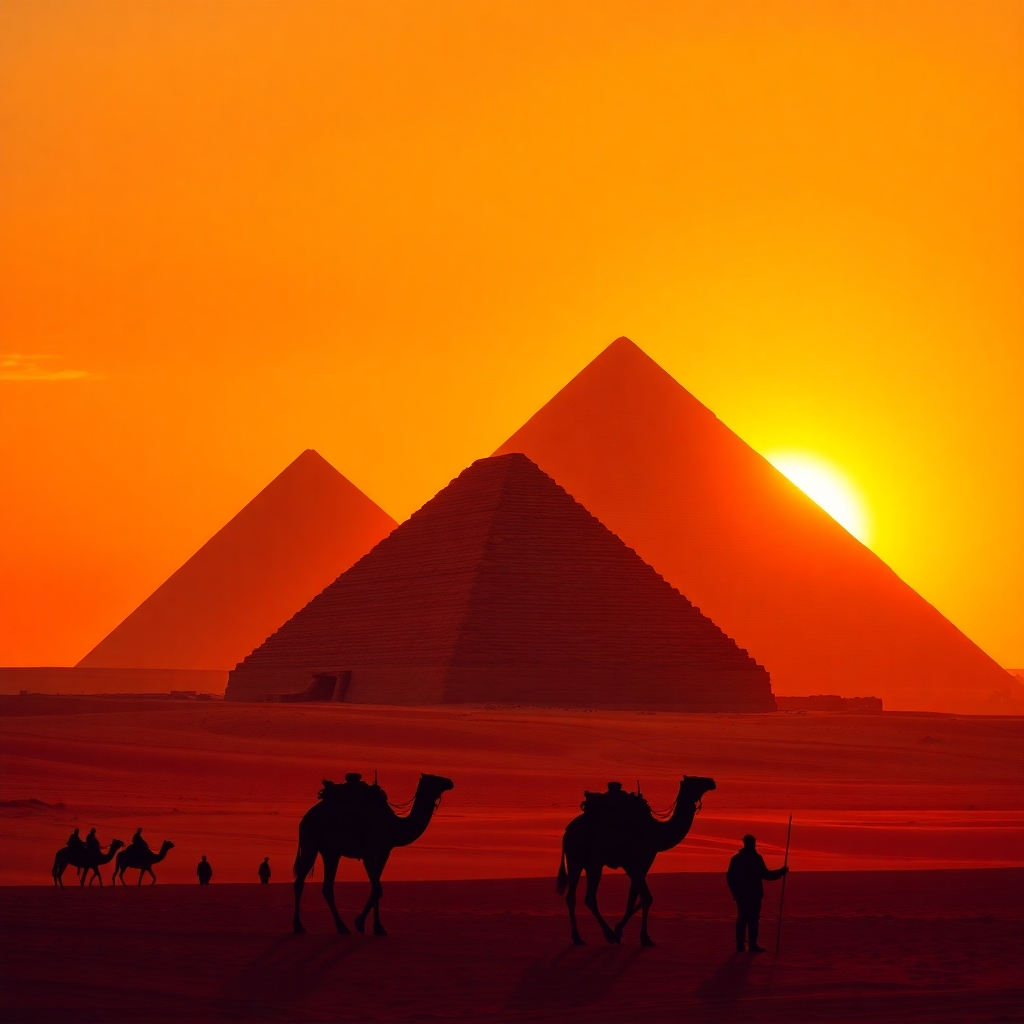 Una representación fotorrealista de las pirámides de Giza al atardecer. La imagen debe capturar la inmensidad del desierto y la imponente escala de las pirámides. Use colores cálidos y saturados para resaltar el brillo dorado del sol poniente. Incluye siluetas de camellos y personas en primer plano para añadir profundidad y perspectiva.