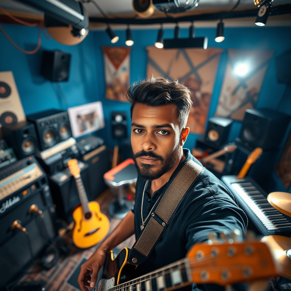 A photorealistic image depicting a music studio filled with instruments and sound equipment. The lighting is bright and inspiring, focusing on Viedu working on a new song. The color palette features blues and golds, symbolizing creativity and inspiration. The camera angle is over-the-shoulder, capturing the artist's expression as he creates. The texture highlights a mix of materials typical in music production, giving a tactile feel.