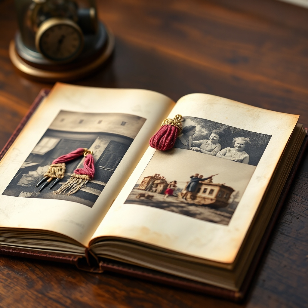 Una imagen fotorrealista que muestra un álbum de fotos antiguo abierto sobre una mesa. Entre las páginas se encuentran obras de arte en miniatura creadas con hilos tejidos y telas delicadas, cada una recreando una escena de las fotografías. La iluminación es cálida y nostálgica, resaltando las texturas del álbum y las obras de arte. Paleta de colores: Tonos sepia con vibrantes acentos de las obras de arte. Estilo: Nostálgico y sentimental, evocando preciados recuerdos familiares.