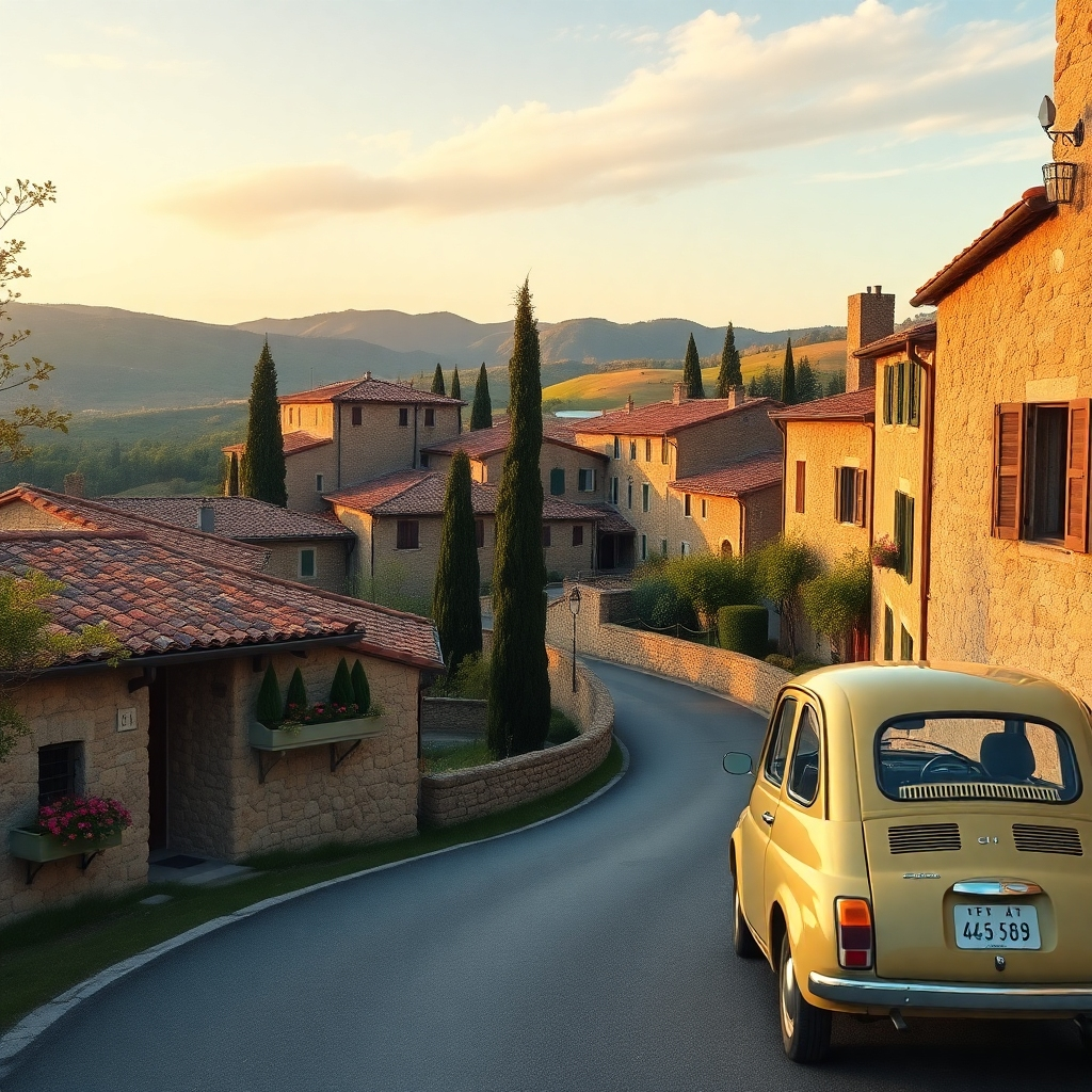 Una imagen fotorrealista de un encantador pueblo toscano enclavado entre ondulantes colinas. Captura la cálida luz dorada del atardecer iluminando los edificios de piedra y los cipreses. La composición debe incluir una carretera sinuosa que conduzca al pueblo, con un Fiat 500 clásico aparcado cerca. Céntrate en detalles como los tejados de terracota, las jardineras con flores y la textura de las paredes de piedra. El ambiente general debe ser tranquilo y acogedor, evocando el encanto de antaño.