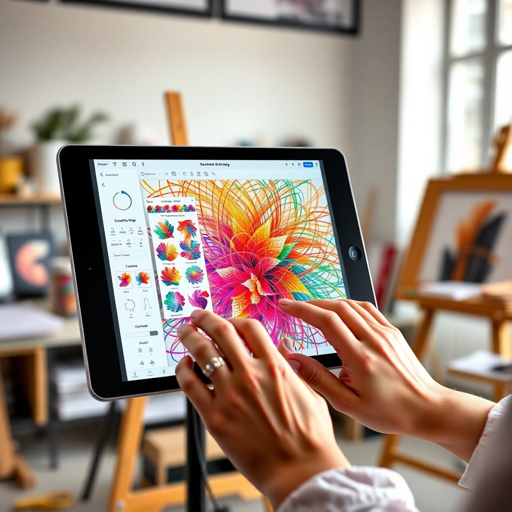 Imagen fotorrealista de una tableta digital con una interfaz de diseño, donde un artista crea una obra de arte personalizada. La pantalla muestra una vibrante composición de hilos, colores y texturas entrelazados, con diversas opciones de personalización y herramientas de diseño visibles. Las manos del artista se ciernen sobre la tableta, lo que sugiere creatividad y control. El fondo es un estudio moderno y bien iluminado con diversos materiales de arte. Paleta de colores: Brillante y vibrante, que muestra las posibilidades del arte personalizado.