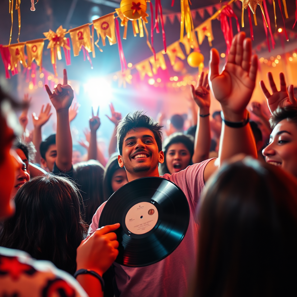 A photorealistic image of a gathering where fans celebrate Viedu’s music, with one person holding a vinyl record. The lighting is also celebratory, with bright hues illuminating the scene. The color palette consists of vibrant festival colors. The camera angle captures the joy and excitement of the moment. Textures enhance the celebration ambiance with cheerful decorations.