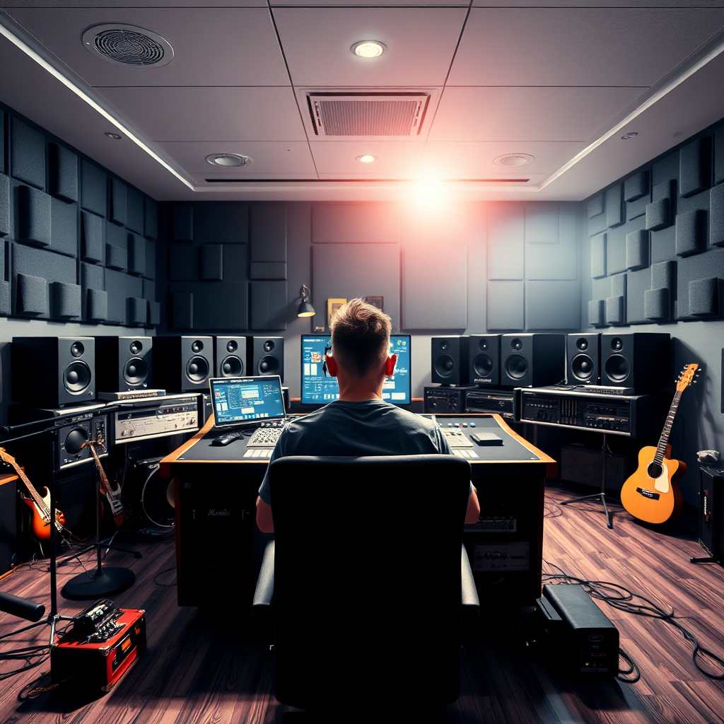 A photorealistic image of a high-tech music production studio. The lighting is bright and inspiring, focused on Viedu at the mixing console. The environment is sleek with state-of-the-art equipment, surrounded by sound panels and instruments. The camera angle is from behind the mixing board, providing a glimpse of the creative process.