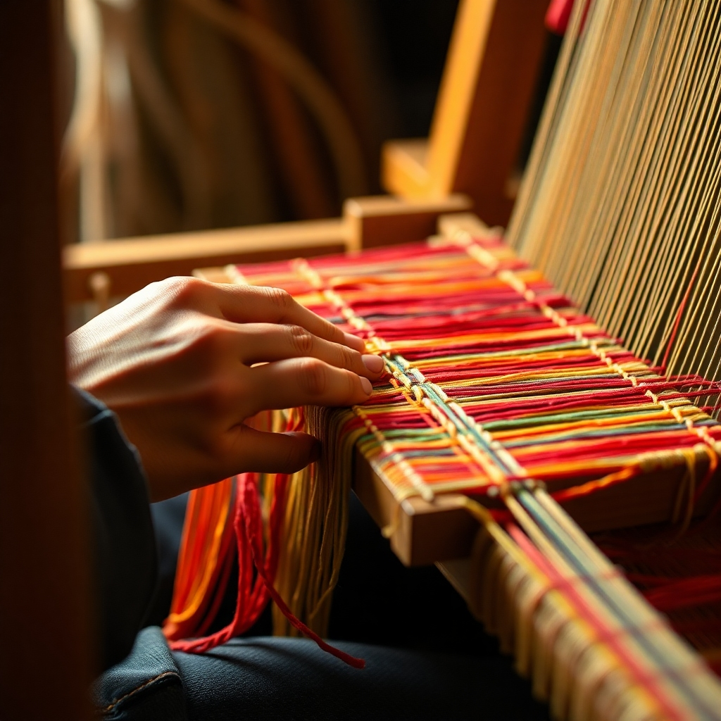 Una imagen fotorrealista de las manos de una persona trabajando en un telar, tejiendo hilos de colores en un intrincado patrón. El enfoque se centra en las manos y el telar, resaltando el proceso de creación y la belleza de los materiales. La iluminación es suave y cálida, realzando las texturas de los hilos y la artesanía. Paleta de colores: Cálida y acogedora, con énfasis en los colores de los hilos. Estilo: Realista y detallado, capturando la maestría y la destreza del tejedor.