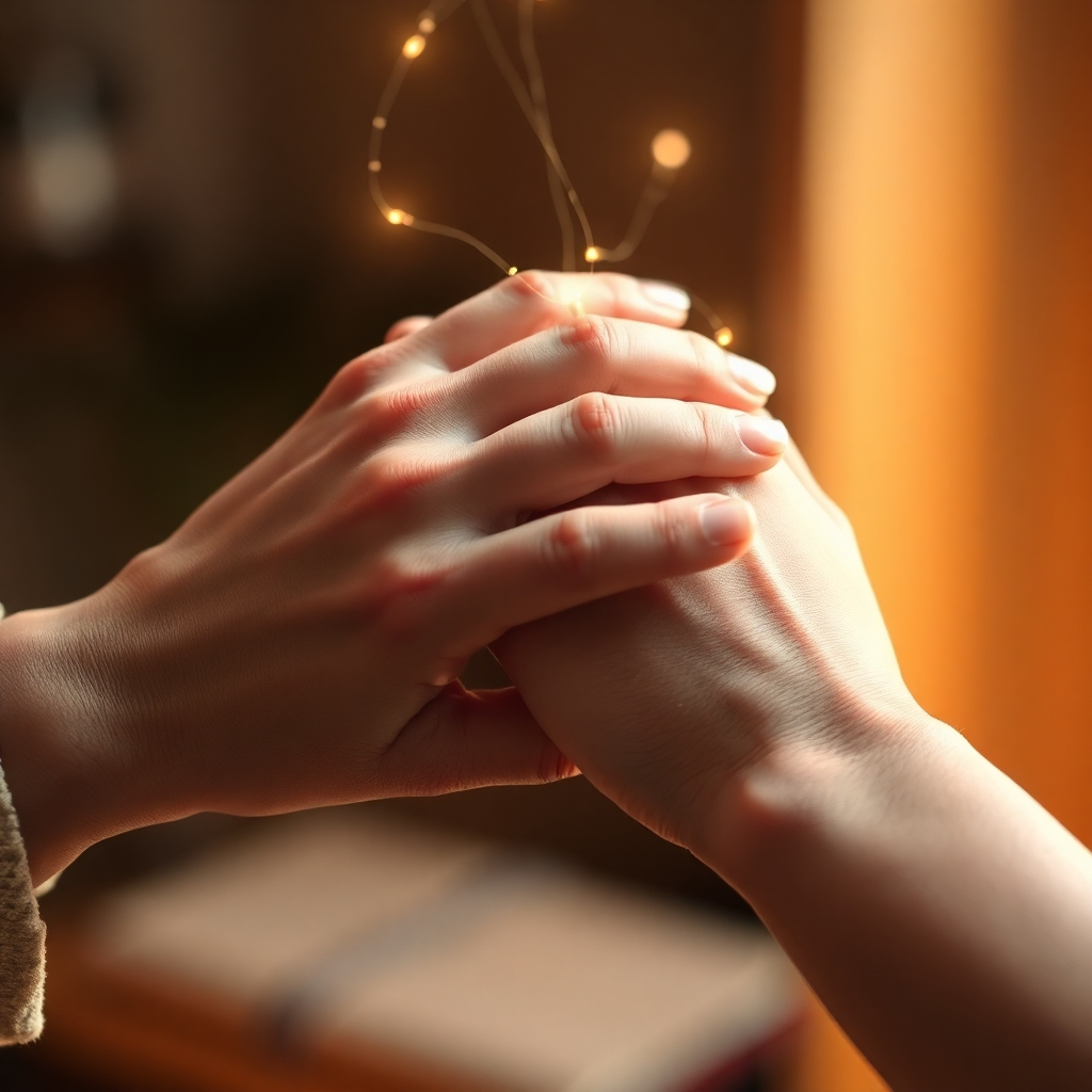 Una imagen fotorrealista de dos manos suavemente entrelazadas, con sutiles hilos de luz que las conectan. El fondo está difuminado, lo que sugiere un espacio cálido y acogedor. El enfoque debe centrarse en la conexión entre las manos y los hilos etéreos, que representan los vínculos creados a través del arte. La luz debe ser suave y cálida, resaltando las texturas de la piel y el brillo de los hilos. Paleta de colores: Tonos cálidos, con un toque dorado y rosa. Ángulo de la cámara: Primer plano, que enfatiza la intimidad de la conexión.