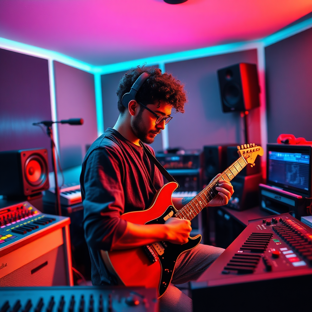 A photorealistic image of Viedu in a modern studio, experimenting with new sounds. The lighting is bright and focused, emphasizing creativity. The color palette includes vibrant colors reminiscent of sound waves. The camera angle is from a corner of the room, showcasing various instruments around him. Textures reflect the high-tech equipment used in music production.