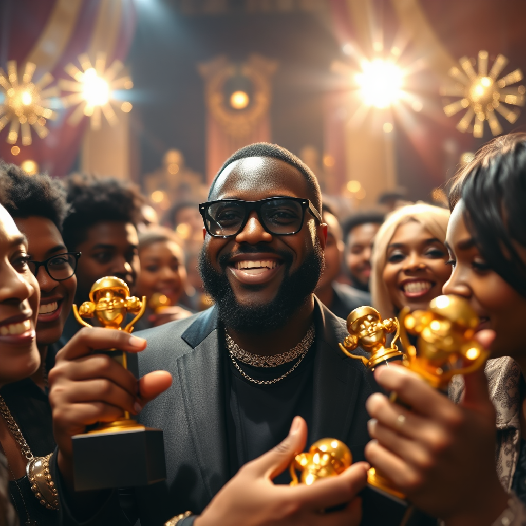 A photorealistic image of Viedu surrounded by fellow musicians at an award show, celebrating his contributions. The lighting is bright and celebratory, showcasing glimmers of gold and silver awards. The camera angle is wide, capturing multiple figures and the ambiance of joy. Textures are luxurious, emphasizing the glamour of the event.