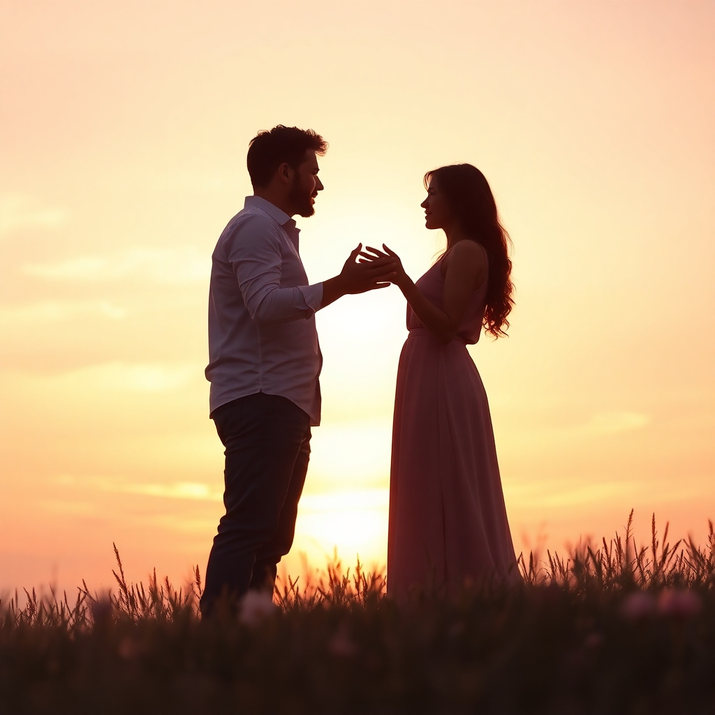 Una imagen fotorrealista que representa la esencia de "Retrato de alma gemela, encuentra el amor de tu vida". La composición muestra dos siluetas que se acercan suavemente con un atardecer radiante como telón de fondo. Suaves tonos pastel rosa y naranja inundan el cielo, creando una atmósfera cálida y acogedora. El ángulo de la cámara, a la altura de los ojos, realza la conexión emocional entre las figuras. Los detalles de la textura resaltan las suaves ondas de hierba bajo sus pies, simbolizando una conexión profunda. Los elementos de atrezo incluyen flores florecientes, que representan el crecimiento y el amor. El estilo refleja un realismo romántico, invitando al espectador a un momento emotivo. Especificaciones técnicas: Resolución 4K, alta calidad.