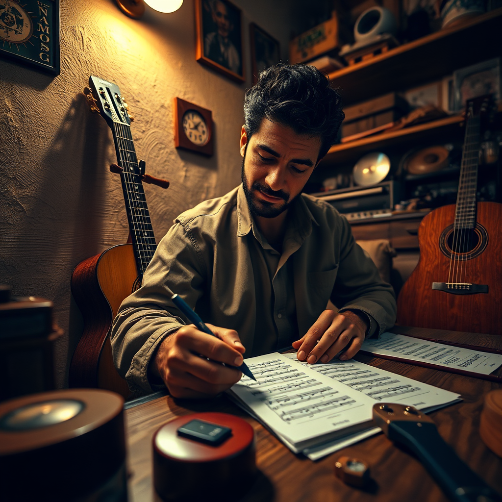 A photorealistic image representing the essence of 'Pagina Personal de Artista Cantante llamado Viedu'. The subject matter features Viedu in a cozy, inviting room filled with musical instruments. The lighting is warm and soft, creating an intimate atmosphere. A guitar is leaning against a wall, while sheet music is scattered on a table. The color palette includes earthy tones with pops of vibrant colors from the instruments. The camera angle is eye-level, focusing on Viedu as he pens down lyrics. The texture details reveal the warmth of the wooden instruments. Technical specs: 4K resolution, high quality.