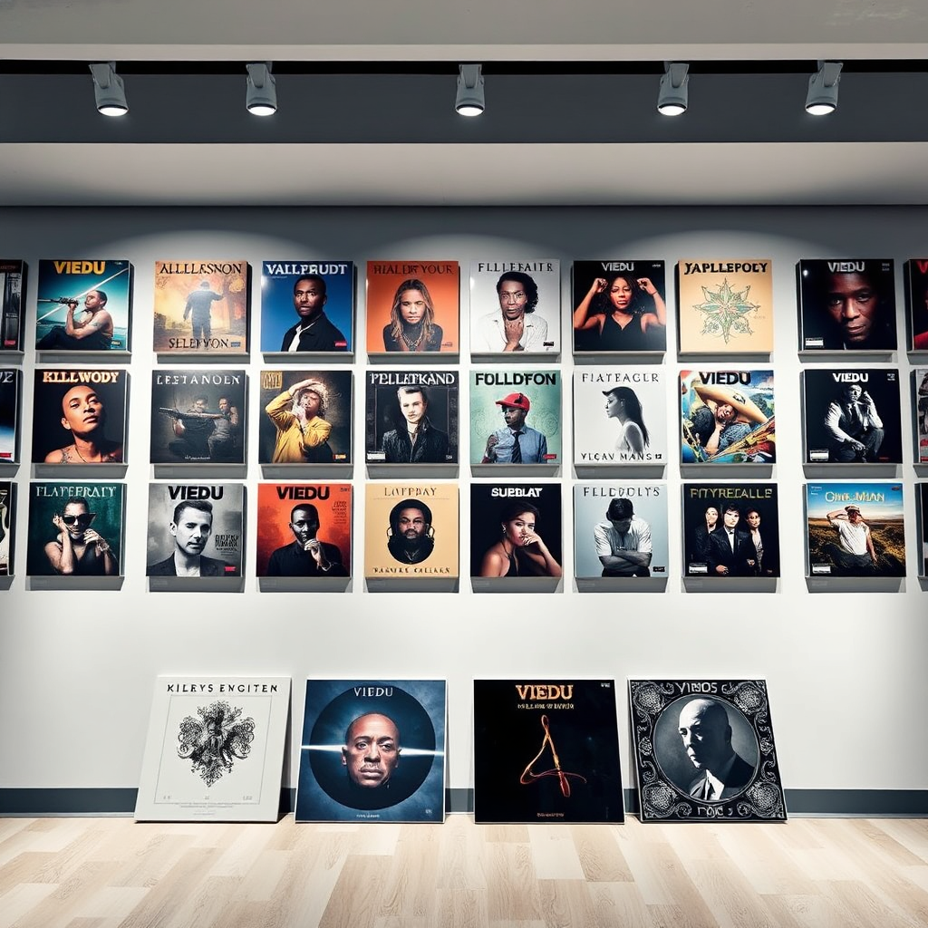 A photorealistic image showcasing a collection of Viedu's album covers displayed in a gallery. The lighting is soft and focused, drawing attention to the artistry of each cover. The color palette blends cool and warm tones, highlighting the diversity of his musical style. The camera angle is front-facing, allowing a comprehensive view of the creative displays. Textures emphasize the quality of print and the varied designs of the albums.