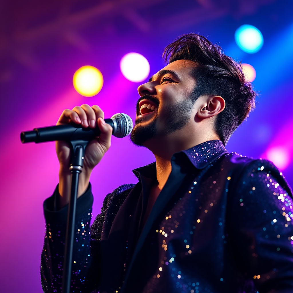 A photorealistic, ultra-high quality header image representing 'Viedu'. The focus is on a charismatic male singer on stage, passionately performing into a microphone. The composition highlights vibrant stage lights casting dynamic colors like blue, purple, and gold. Soft bokeh effects in the background blur the audience, creating an intimate atmosphere. The camera angle is slightly low, looking up towards the singer to capture his emotional expression and movement. Texture details feature sequined clothing that sparkles under the lights. The overall mood is uplifting and energetic, showcasing the essence of a personal artist page for a singer. Technical specs: 8K resolution, hyperrealistic.