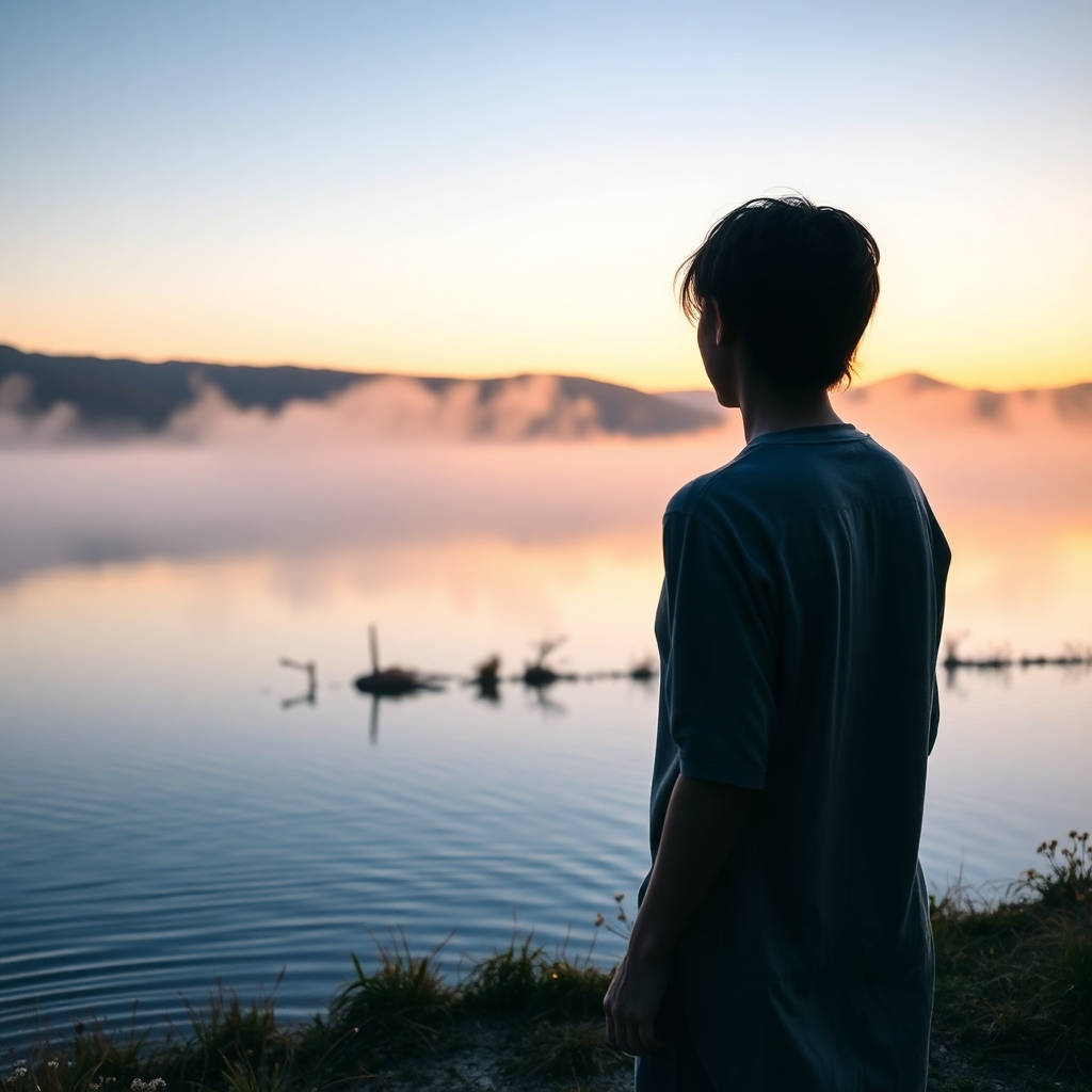 Una imagen reflexiva que retrata a una persona contemplando un lago tranquilo al amanecer, con la niebla elevándose de la superficie. La iluminación es suave y cálida, evocando una sensación de esperanza y un nuevo comienzo. La paleta de colores se compone de azules suaves y rosas delicadas. El ángulo de la cámara está ligeramente elevado para captar los contornos del paisaje y la naturaleza apacible de la escena. Los detalles de la textura incluyen el agua ondulante y el delicado rocío sobre la hierba. Esta imagen simboliza el autodescubrimiento y el camino hacia el amor.