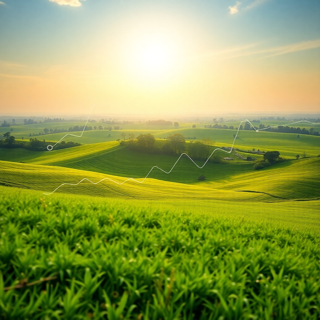 Una imagen serena que representa un hermoso paisaje con campos verdes y una superposición digital de gráficos de inversión sostenible. La armonía de la naturaleza se alinea con el tema de la sostenibilidad. La iluminación es suave, evocando esperanza y crecimiento, con verdes exuberantes que dominan la paleta de colores. La perspectiva de la cámara muestra una vista del horizonte, integrando los gráficos a la perfección con el paisaje natural. Las texturas incluyen elementos ambientales combinados con métricas digitales. Las referencias de estilo incluyen un diseño ecocéntrico. Alta calidad, fotorrealista.