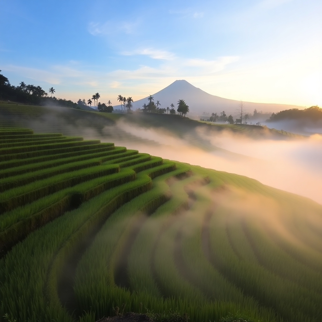 Una imagen serena de una terraza de arroz balinés al amanecer, con la niebla suspendida sobre los campos. Capture la belleza del paisaje con una iluminación suave y difusa, y un enfoque en las texturas naturales. La composición debe enfatizar la simetría y el orden de las terrazas de arroz, con un volcán distante como telón de fondo espectacular. La paleta de colores debe estar dominada por verdes, azules y dorados, creando una sensación de paz y tranquilidad.