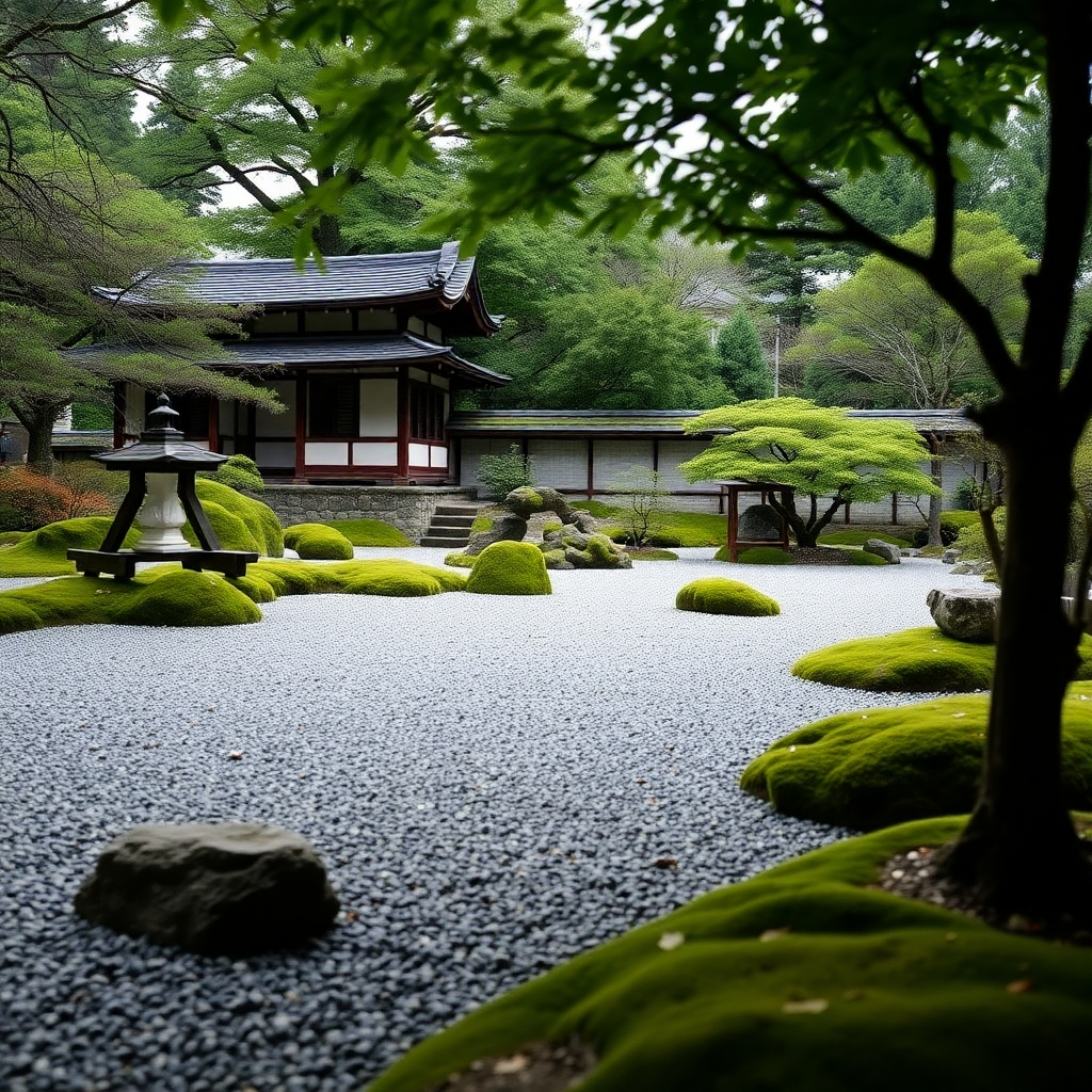 Una imagen serena de un jardín japonés tradicional en Kioto, con un lecho de grava cuidadosamente rastrillado, piedras cubiertas de musgo y una pequeña casa de té. La composición debe enfatizar el equilibrio y la armonía, con énfasis en el juego de luces y sombras. La paleta de colores debe ser suave y natural, con verdes, marrones y grises dominando la escena. La atmósfera general debe ser tranquila y contemplativa, invitando al espectador a relajarse y apreciar la belleza de la naturaleza.